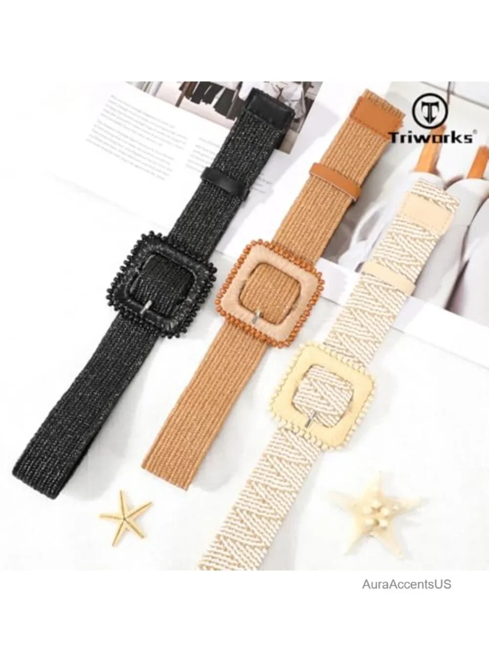 3 Pack Straw Woven Elastic Stretch Belts for Women Dress Fashion Boho Braided
